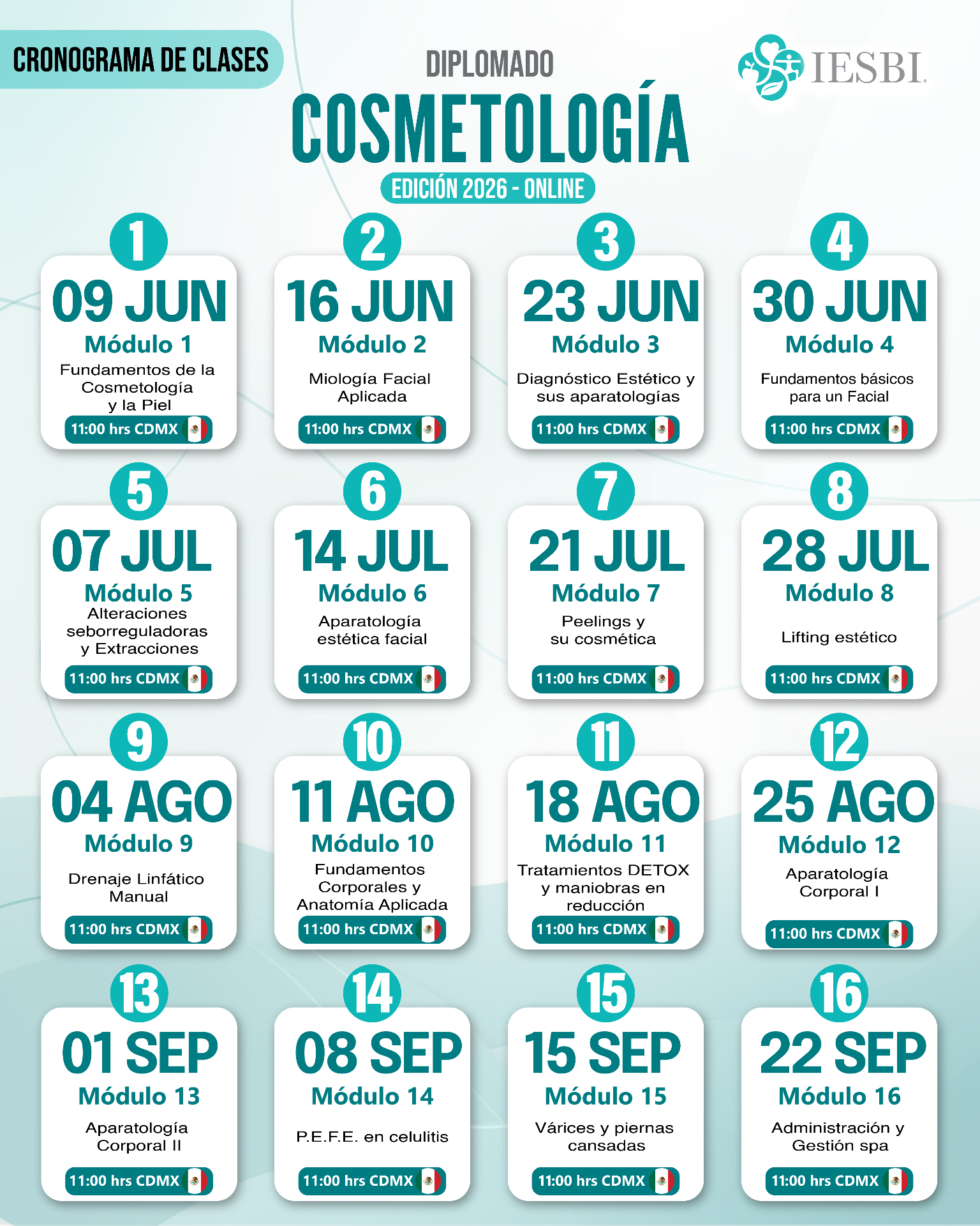 Cronograma de clases del Diplomado de Cosmetología — Edición 2026 Online