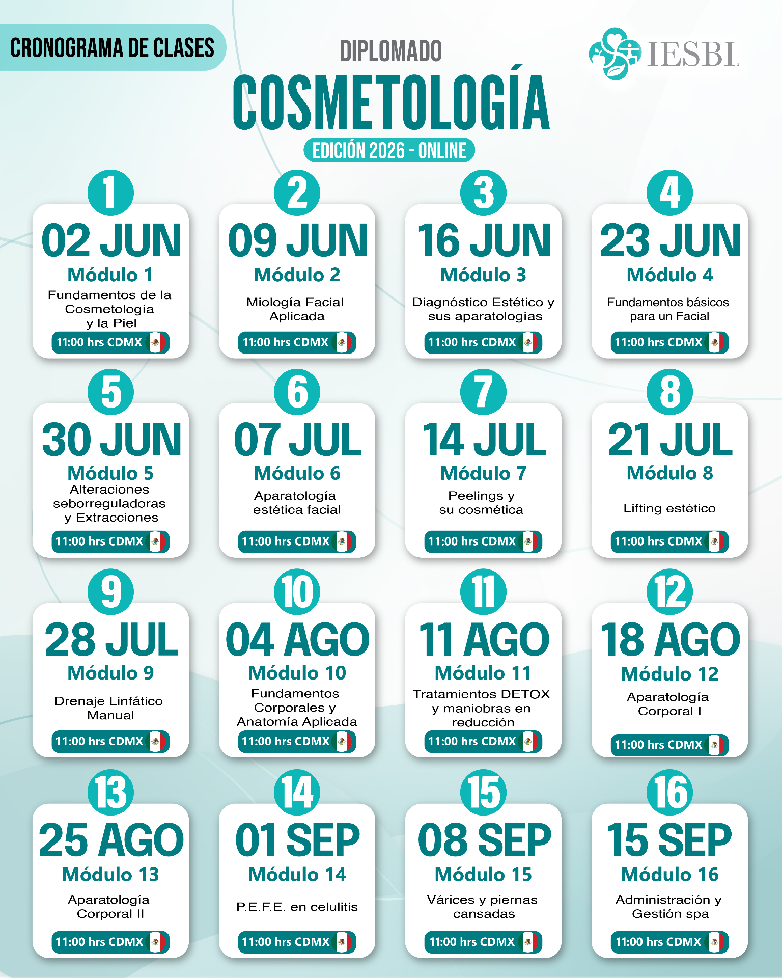 Cronograma de clases del Diplomado de Cosmetología — Edición 2026 Online