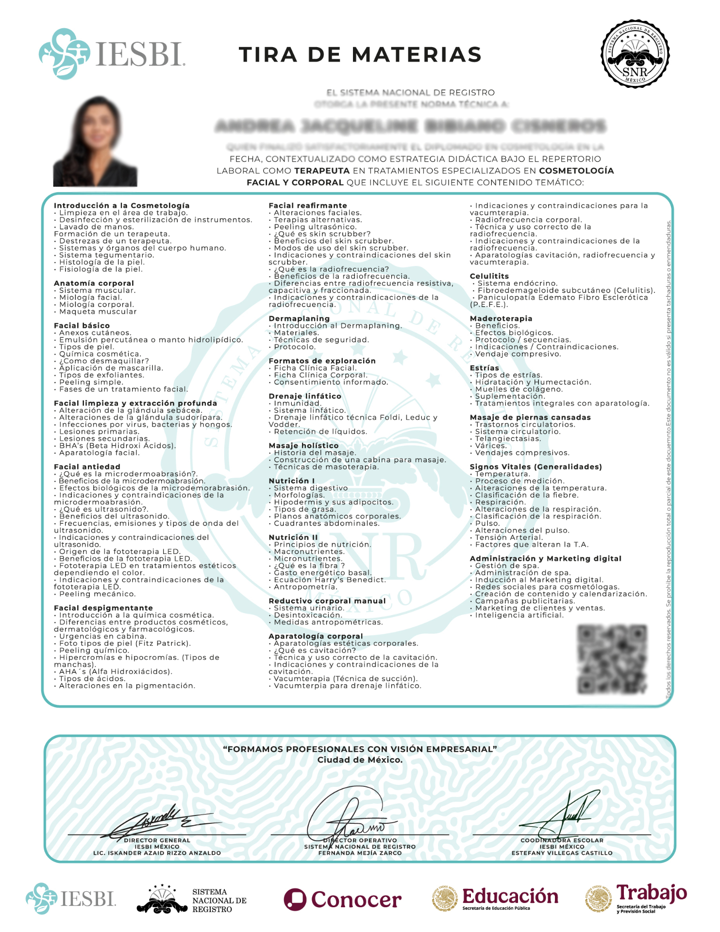 Tira de materias – frente