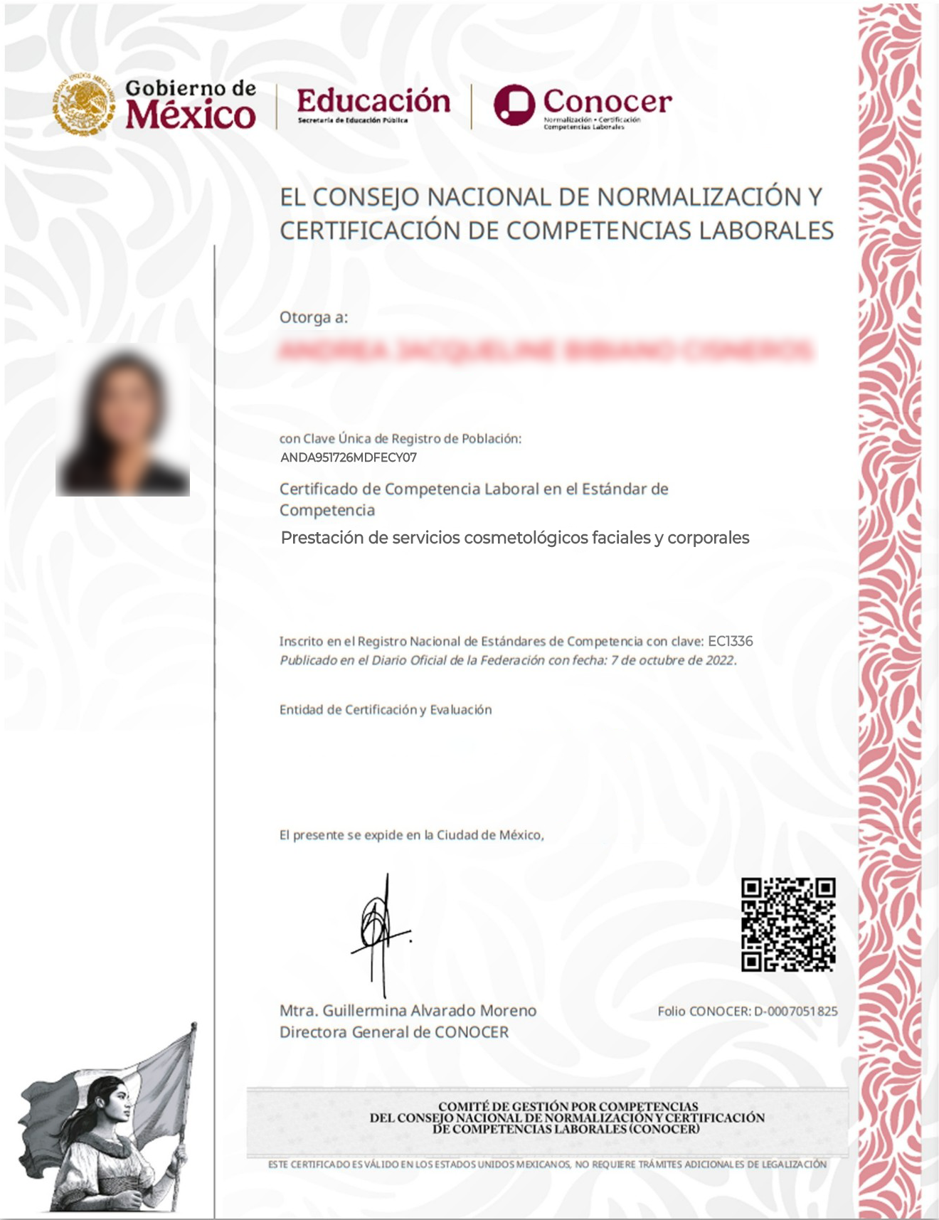 Certificado SEP CONOCER de Competencia Laboral en Prestación de servicios cosmetológicos faciales y corporales